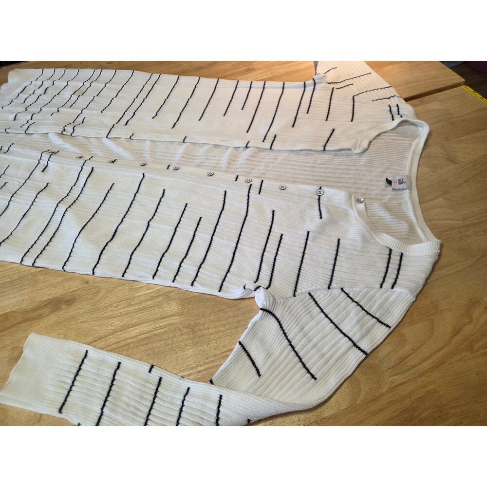 Cabi size large white long cardigan black stripe horizontal close knit cotton - Picture 9 of 13